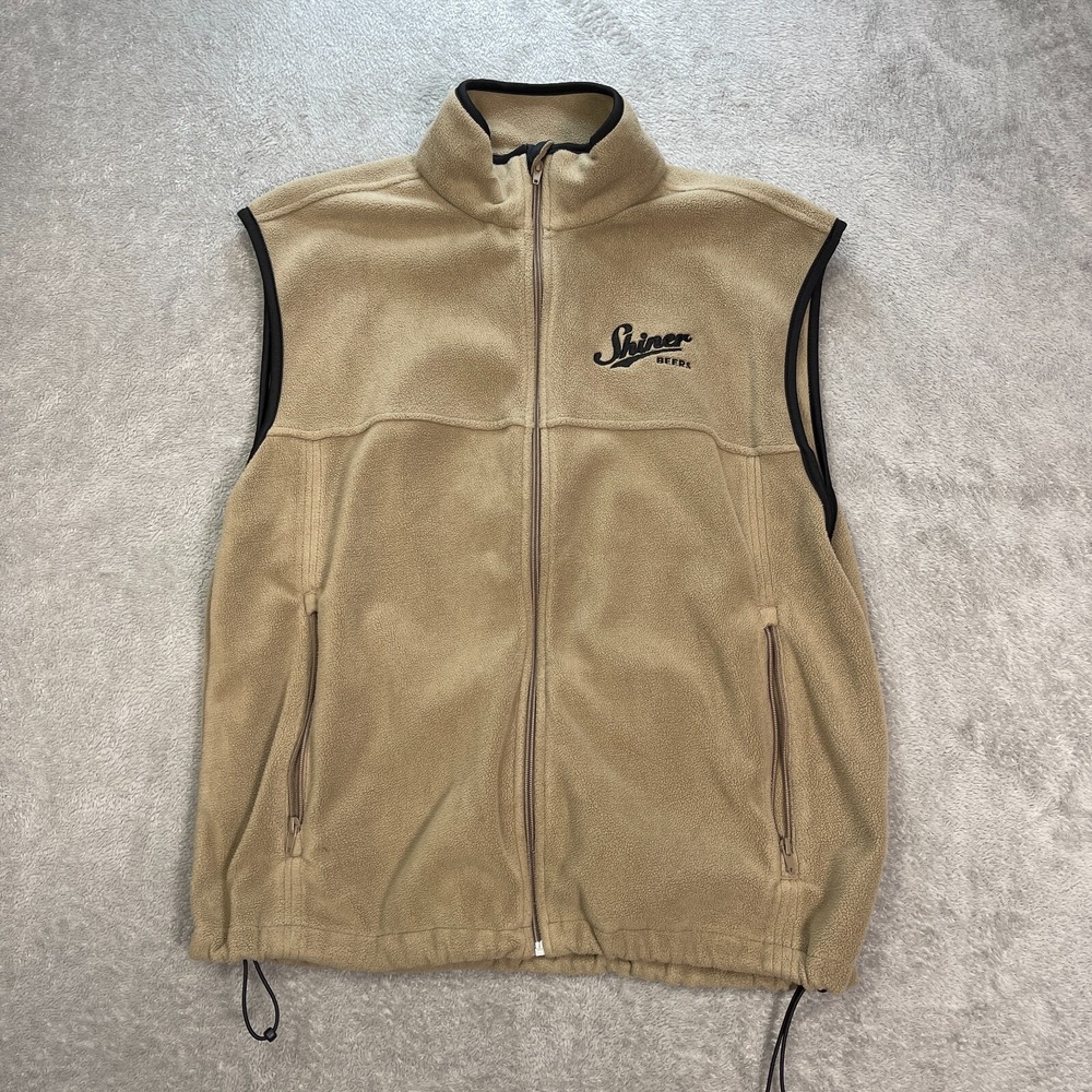 Chestnut Hill Shiner Beers Fleece Vest Sleeveless Zip Pockets Tan Black Trim